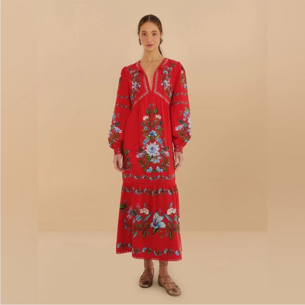 FARM Rio Red Sweet Bloom Bouquet Lenzing Ecovero Euroflax Midi Dress - Picture 1 of 12